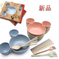 小麦秸秆餐具三件套勺叉筷 创意米奇碗儿童餐具 六一儿童节礼品