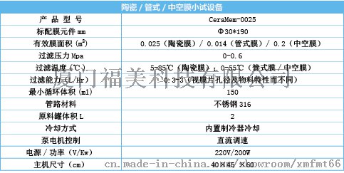 CeraMem-0025陶瓷，管式，中空膜小试设备-标准设备参数